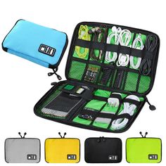 an open case filled with various electronics and cords in different colors, including blue, green,