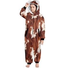 This Cow Print Big Kids Pajama Hooded Onesie is perfect for keeping your little one cozy and warm. It is made out of a soft material that will provide all-day comfort. Designed with a hood and pockets, it is sure to become your child's favorite sleepwear! If you like our custom robes, you will love these! These feel like a minky baby blanket. PLEASE ALLOW UP TO 14 BUSINESS DAYS TO RECEIVE YOUR ORDER. EACH ONE IS MADE TO ORDER AND SHIPPED DIRECTLY TO YOU FROM OUR MANUFACTURER. 17.60 Oz. Made from Cozy Super Soft Onesie For Winter, Cozy Super Soft Winter Onesie, Hooded Casual Onesie For Fall, Casual Hooded Onesie For Fall, Cozy Hooded White Onesie, Cozy White Hooded Onesie, Hooded Onesie For Fall Loungewear, Custom Robes, Minky Baby Blanket