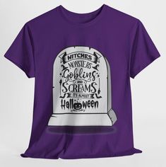 Halloween Fun Unisex T-shirt. A great addition to any Halloween lover for the festive season! Great for trick-or-treating, parties, everyday wear, or just wanting to feel spooky! The unisex heavy cotton tee is the basic staple of any wardrobe.  Made with 100% cotton for year-round comfort that is sustainable and highly durable. The classic fit of this shirt ensures a comfy, relaxed wear while the crew neckline adds that neat, timeless look that can blend into any occasion Tear-away label means a Halloween Graphic Tee Shirt With Graphic Design, Halloween Graphic Tee With Graphic Design, Purple Crew Neck Top For Halloween, Short Sleeve Halloween Graphic Shirt, Halloween Graphic Design Short Sleeve T-shirt, Halloween Screen Print Crew Neck T-shirt, Funny Halloween T-shirt With Screen Print, Halloween Crew Neck T-shirt With Screen Print, Purple Short Sleeve T-shirt For Halloween