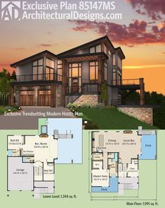 two story house plan with large windows and lots of space for the living room, dining area