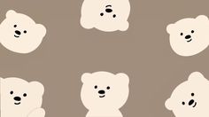 six white teddy bears with different facial expressions on their faces and body, all facing the same direction