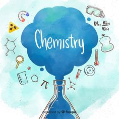 a blue bottle with the word chemistry written on it and various medical items around it