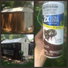 a collage of photos showing the exterior of a small shed and an image of a spray paint