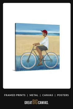 a painting of a man riding a bike on the beach