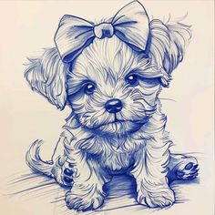 a drawing of a small dog with a bow on its head