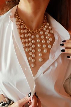 "This Pearl fringe necklace is stunning and certainly will look lovely on your wedding day. Wear it with an open neckline white dress.  I love this necklace since you can wear it with an elegant outfit or wear it down with a shirt. The necklace is made of 14K gold filled link chain and on it hanging faux white pearls gradually longer in the middle. length of necklace : 15.3\"  (39cm) variations:  you can wear it with the magnificent earrings - length 2.1\" (5.5cm) Bracelet:  chain 14K gold fille Gold Pearl Drop Necklace For Party, White Pearl Chain Backdrop Necklace For Party, Party Gold Pearl Drop Necklace, Party White Backdrop Necklace With Pearl Chain, Party Backdrop Necklace With White Pearl Chain, Glamorous White Pearl Necklace, Pearl Dangle Necklaces For Party, Elegant Pearl Chain Drop Necklace For Parties, Chic Pearl White Necklace For Wedding