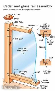 a diagram showing the parts of a wooden window frame and glass rail assembly instructions for windows