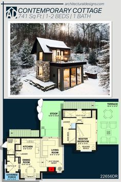 the floor plan for a small cabin with lofts and living quarters, including an upstairs bedroom