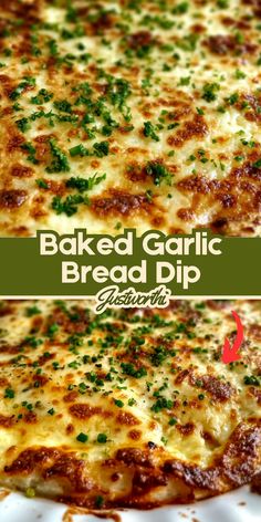 the baked garlic bread dip is ready to be eaten and put into the casserole dish