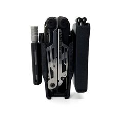 an assortment of tools in a black case on a white background with clippings