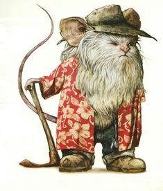 a drawing of a mouse with a hat and coat holding a cane in its hand