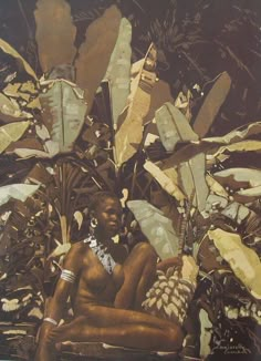 a painting of a woman sitting on the ground surrounded by plants and leaves in brown tones