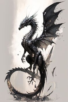 a black dragon sitting on top of a circular object with its wings spread wide open