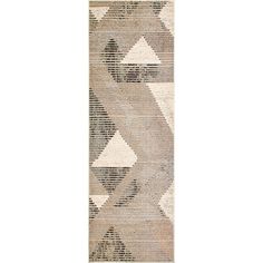 a beige and black runner rug with geometric shapes on the bottom, in front of a white background