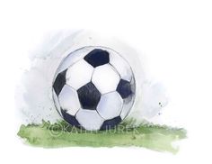 a watercolor painting of a soccer ball sitting on the ground with grass around it