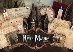 the raven mansion mystery logo surrounded by old fashioned postcards and other items that are on display