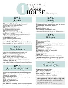 the week to a clean house checklist is shown in blue and white with green accents