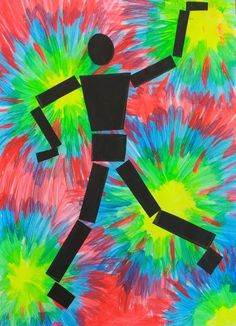 an image of a man running through the air in tie - dyed colors with fireworks behind him