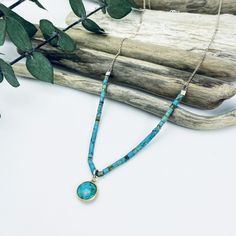 A turquoise lovers dream. This gorgeous necklace is simplistic while packing a bright and colorful punch. Vermeil bezeled turquoise drops from a strand of heishi turquoise and is finished with a delicate sterling silver chain. Perfect for layering or wearing as the perfect pop of color! Pendant is about 3/8" Length: 17" available with or without 3" extender Turquoise Sterling silver Cheap Blue Single Strand Turquoise Necklace, Turquoise Water, Jewelry Repair, Gorgeous Necklaces, Sterling Silver Chain, Turquoise Sterling Silver, Semi Precious Gemstones, Sterling Silver Chains, Turquoise Necklace