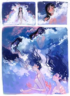 three pictures of two women in the water, one with long hair and one without