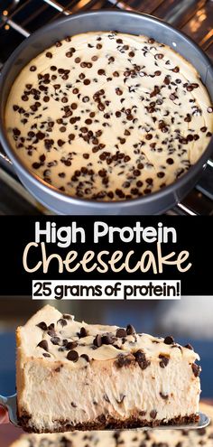 high protein cheesecake with chocolate chips on top and in the middle, is ready to be eaten