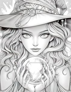 a drawing of a woman wearing a hat and holding a crystal ball in her hands