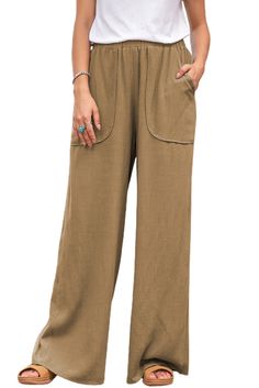 Brown Casual Wide Legs Pants with Pockets Brown Wide Leg Pants With Pockets, Brown Ankle-length Wide Leg Pants With Pockets, Brown Wide Leg Ankle-length Pants With Pockets, Non-stretch Brown Wide Leg Pants With Pockets, Brown Pants With Side Pockets, Brown Straight Cargo Pants For Summer, Khaki Ankle-length Pants With Welt Pockets, Wide Leg Khaki Harem Pants With Pockets, Brown Summer Pants With Pockets