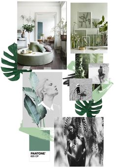 a collage of green and white photos with plants in the background, including a woman's face