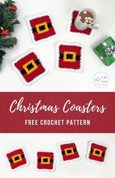 christmas coasters with the text free crochet pattern on them and coffee mug