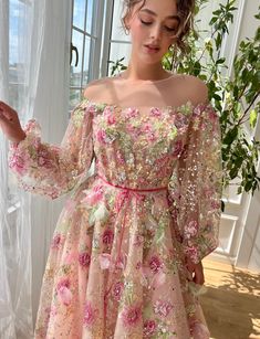 Morning Glow Blossom Gown Wedding Lace Gown With Floral Print, Lace Floral Print Wedding Gown, Spring Lace Gown With Intricate Embroidery, Floral Lace Wedding Gown, Pink Long Gown, Pink A Line Dress, Teuta Matoshi, Blouse Necklines, Drape Gowns