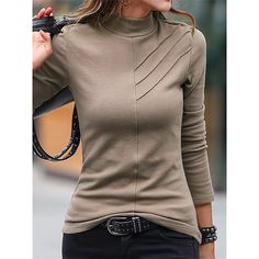 Season:Fall  Winter; Fabric:Polyester; Sleeve Length:Long Sleeve; Look After Me:Wet and Dry Cleaning,Washable,Machine wash; Gender:Women's; Style:Fashion; Elasticity:Micro-elastic; Tops Type:T shirt Tee; Occasion:Weekend,Daily; Top Length:Regular; Fit Type:Regular Fit; Pattern:Plain; Neckline:High Neck; Listing Date:09/01/2023; Clothing Shoulder Width:; Bust:; Length:; Sleeve: Mock Neck And T Shirt, T Shirt Ideas, Long Sleeve Tops Casual, Bottoming Shirt, Weekend Style, Black Fleece, Grey Women, Color Khaki, Womens Plaid