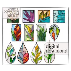 a poster with different stained glass designs on it's front and back sides, including leaves