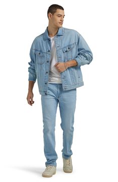 Complete your casual look with the can't-miss style of this oversized jacket made from nonstretch denim. Spread collar Long sleeves with button cuffs 77% cotton, 23% hemp Machine wash, tumble dry Imported Oversized Casual Denim Jacket With Flap Pockets, Medium Wash Long Sleeve Rigid Denim Outerwear, Long Sleeve Medium Wash Rigid Denim Outerwear, Casual Denim Jacket With Flap Pockets, Denim Blue Outerwear With Pockets And Straight Leg, Casual Medium Wash Outerwear With Flap Pockets, Medium Wash Relaxed Fit Rigid Denim Outerwear, Urban Style Light Wash Relaxed Fit Outerwear, Urban Light Wash Relaxed Fit Outerwear