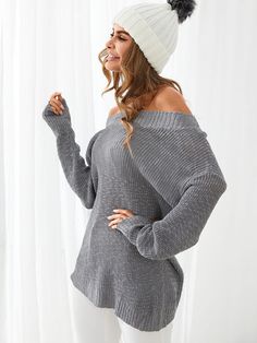 Solid Drop Shoulder Off-shoulder Loose Knit Sweater Casual One-shoulder Winter Top, Solid Off-shoulder Winter Top, Casual One Shoulder Knit Top, Off-shoulder Knit Sweater, Knitted Slouchy Tops, Winter Off-shoulder Sweater, Knitted Off-shoulder Sweater For Spring, Casual One-shoulder Knit Top, Oversized Off-shoulder Winter Top