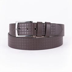 Introducing the Dark Brown Men's Vegan Leather Belt with Check Embossing, a distinguished accessory designed for the style-conscious individual who values ethical fashion. This belt, crafted from premium vegan leather, showcases a sophisticated check embossed pattern, adding a touch of elegance and texture to your ensemble. Ideal for pairing with jeans, this belt combines the durability and aesthetics of traditional leather with a commitment to cruelty-free manufacturing. The belt features a gen Business Leather Belt Buckles With Metal Pin, Leather Belt Buckles With Metal Pin For Business, Masculine Belt Buckles For Business, Classic Embossed Leather Belt Buckles, Classic Brown Embossed Belt Buckles, Dark Brown Color, Suspender Belt, Wide Belt, Modern Fashion