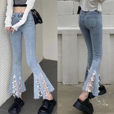 Women Floral Mesh Bell Bottoms Lace Denim Jeans Patchwork Flare Bootcut | eBay Ruffle Flare Jeans, Diy Denim Bell Bottoms, Flare Jeans With Lace, Jeans With Ruffles, Diy Jean Bell Bottoms, Lace Flare Jeans, Jeans With Lace Bottoms, Diy Flare Jeans Bell Bottoms, Spring Cotton Flare Jeans With Patchwork