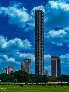 the tall building has many windows on it's sides and is surrounded by green grass