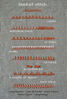 several different types of stitchs on a piece of gray fabric with orange thread in the middle