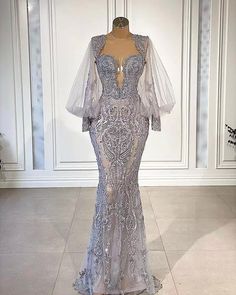 Charming Long Mermaid Sweetheart Tulle Lace Evening Dresses with Puffy Sleeves-BIZTUNNEL جورج حبيقة, Gowns Pageant, Long Sleeve Prom Dress, Ghanaian Wedding, Sleeve Prom Dress, Gowns Couture, Evening Dress Beaded, Pageant Wear, Angel Nails