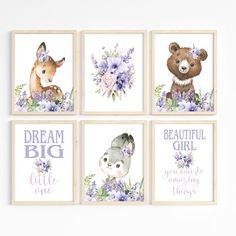 four baby girl nursery wall art prints with animals and flowers in purple, lavender and white colors