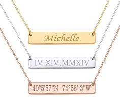 Top Rated Best Selling Name Necklace $5 Off Now - Personalized Stainless Steel Custom Name Bar Necklace - https://www.forevergifts.com/personalized-stainless-steel-custom-name-bar-necklace/ Engraved Promise Rings, Floating Diamond Necklace, Horizontal Bar Necklace, Personalized Engraved Gifts, Bar Necklace Personalized, Diamond Solitaire Necklace, Initial Necklace Gold, Gold Bar Necklace, Stylish Necklace