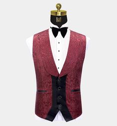 This deluxe 3 piece burgundy damask tuxedo with black lapel makes quite a statement. This fashion-forward tux is expertly handmade with an out-of-ordinary high-quality fabric. Embroidered with a deep rich burgundy damask pattern, the sleek and sophisticated look of this gentleman’s burgundy suit will have heads turning and all eyes on you. The medium-weight fabric is stain-resistant and won’t have you overheating. Taking your formal wear to the next level without breaking the bank is simple and Maroon Tuxedo, Burgundy Tuxedo, Burgundy Suit, Rich Burgundy, Tuxedo Suit, Single Breasted Jacket, Damask Pattern, Suit Shop, All About Eyes