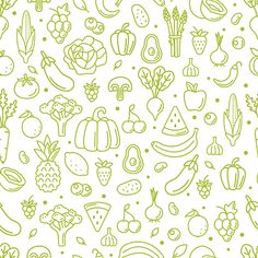 a bunch of fruits and vegetables are drawn in green ink on a white paper background