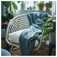 a wicker chair with a blue blanket on it and potted plants in the background