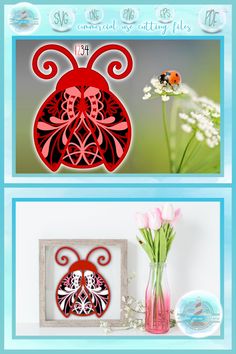 two pictures of ladybugs and flowers in vases next to each other on a shelf