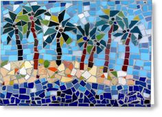 a mosaic tile wall with palm trees on it