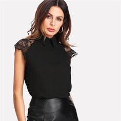 This black chic top is simply perfect! Featuring a Peter Pan collar with lace capped sleeves; this top pairs perfectly with pants, leggings, jeans, skirts or shorts. This tops works in and out of the office, to take your look from day-to-night. Made with a polyester blend for comfort and style. Contrast Lace Top, Trending Tops, Lace Sleeve Blouse, Cap Sleeve Blouse, Streetwear Girl, Peter Pan Collar Blouse, Lace Sleeve Top, Cap Sleeves Blouse, Sleeveless Tops Summer