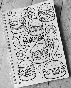 a notebook with some food on it and the words burgers written in black ink