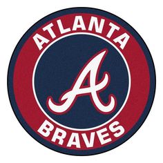 the atlanta braves logo is shown in red, white and blue on a circular background