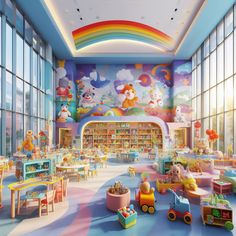 the children's playroom is brightly lit by large windows